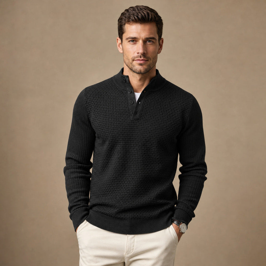 Lewin | Henley-Pullover Waffelstrick Stehkragen in Schwarz – Premium Editorial