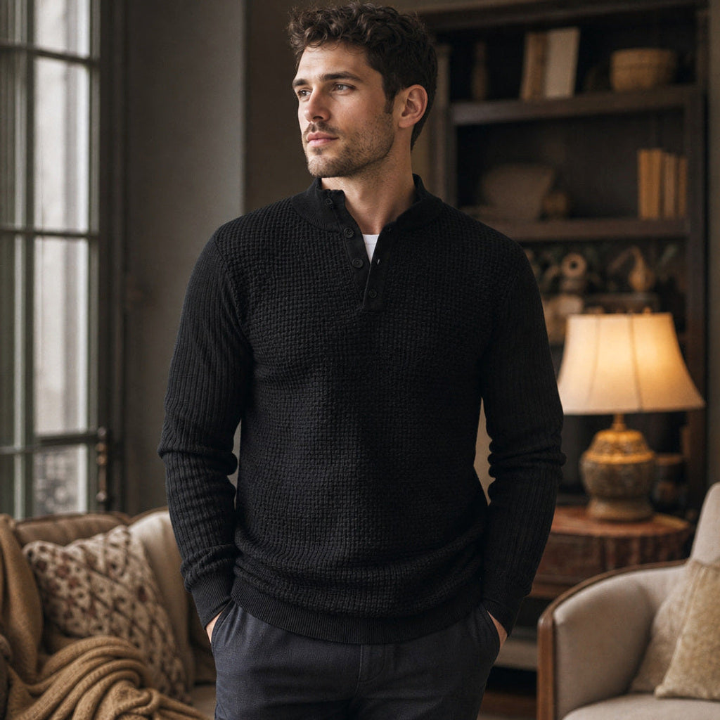 Lewin | Henley-Pullover Waffelstrick Stehkragen Schwarz – Gestyltes Editorial-Foto