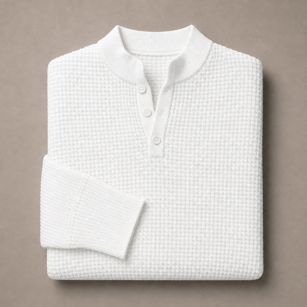 Lewin | Henley-Pullover Waffelstrick Stehkragen Weiß – Produktfoto