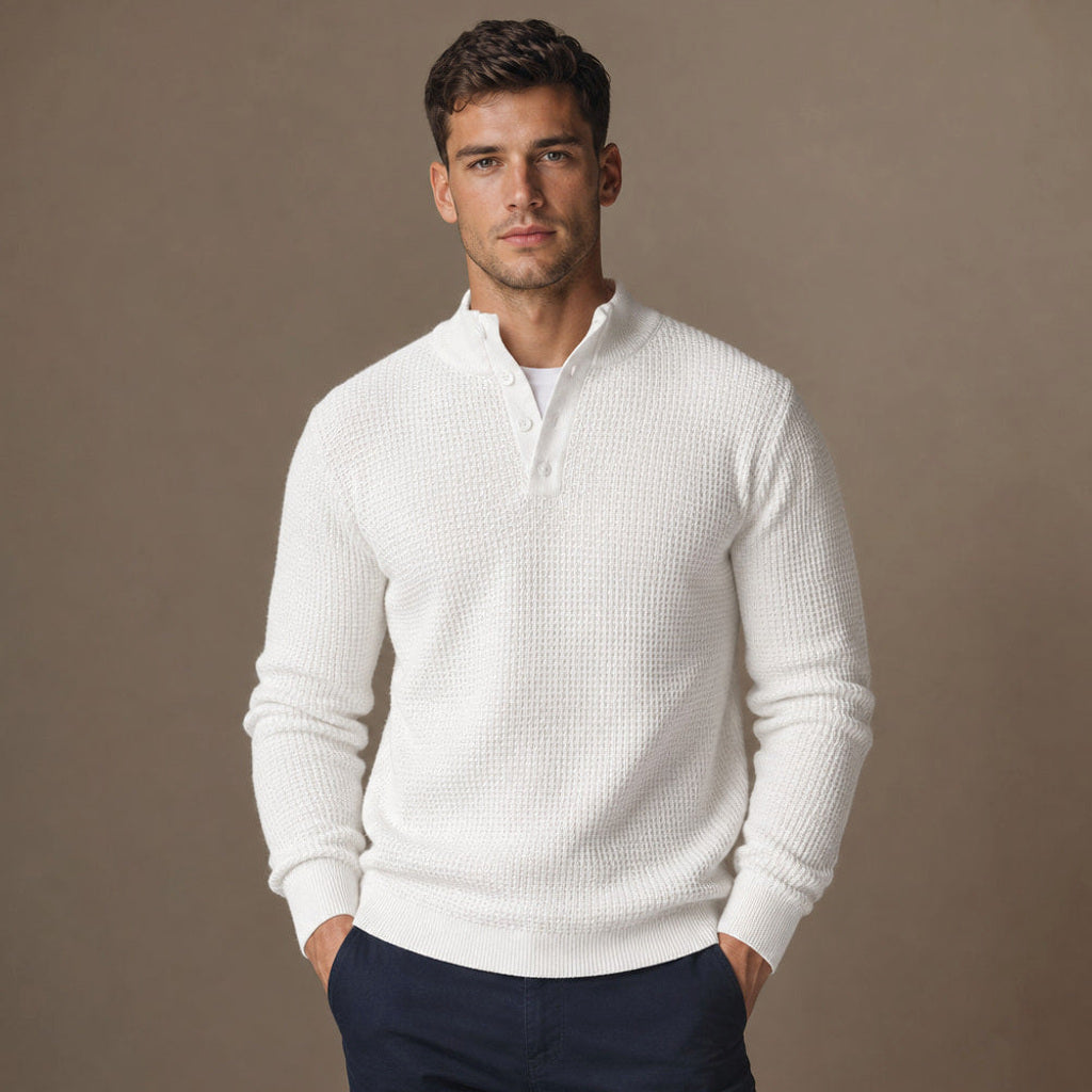 Lewin | Henley-Pullover Waffelstrick Stehkragen in Weiß – Premium Editorial