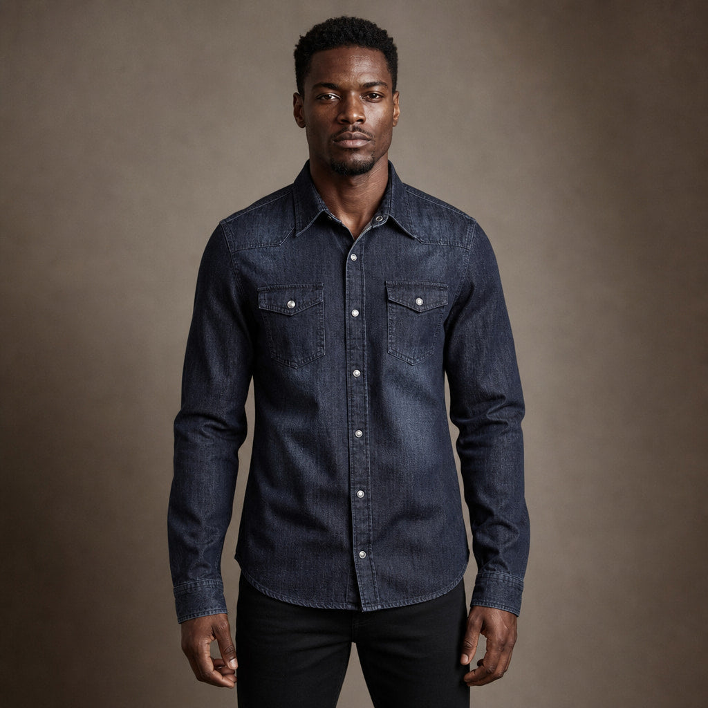 Denim Shirt Loose Fit Long Sleeve in Dark Blue – Enzaco Premium Menswear