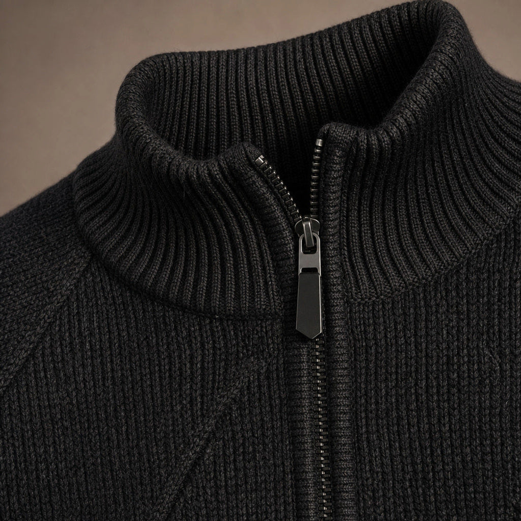 Velnar | Troyerpullover Baumwolle für den Pullover über Hemd Look Schwarz – Stoff- und Detailaufnahme