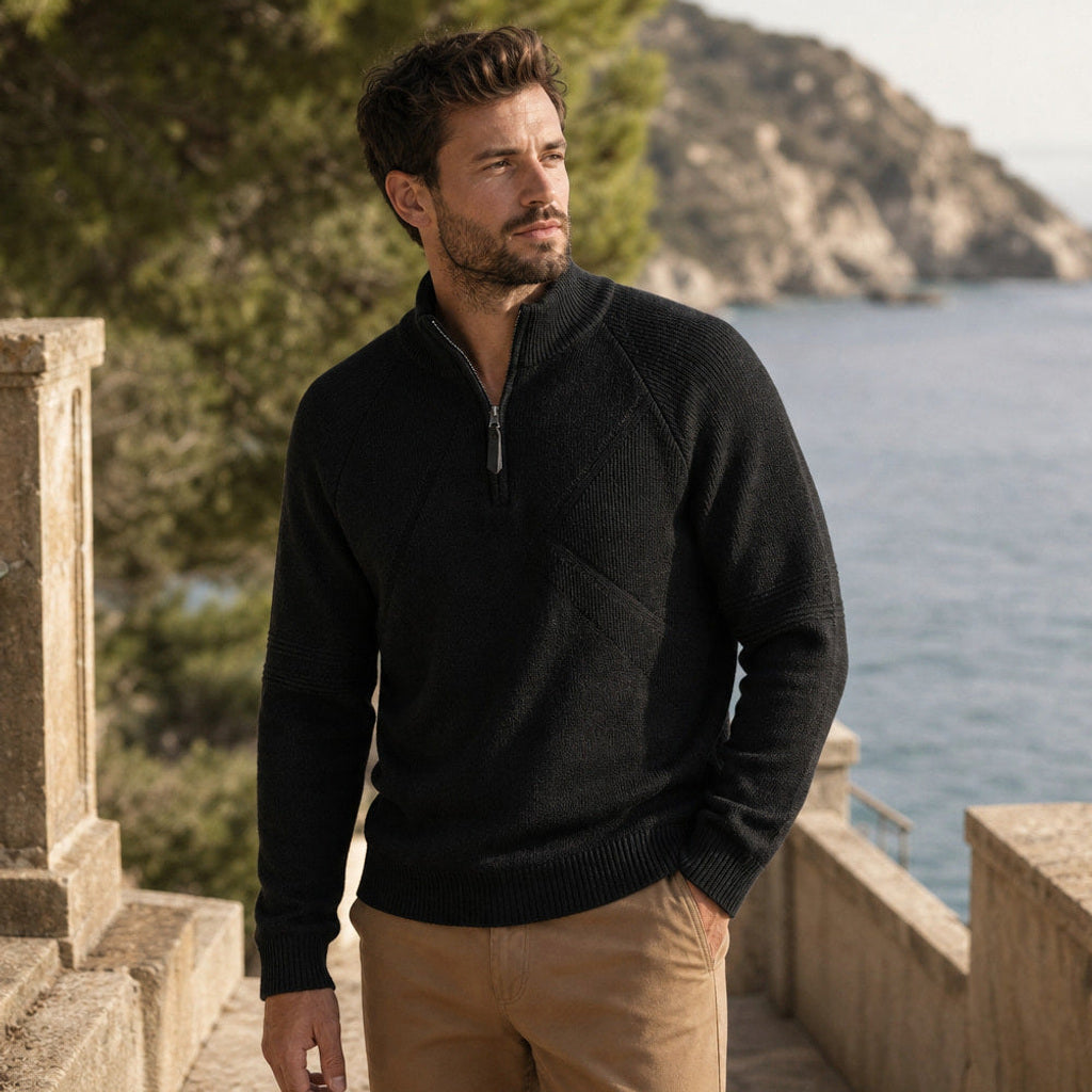Velnar | Troyerpullover Baumwolle für den Pullover über Hemd Look Schwarz – Gestyltes Editorial-Foto