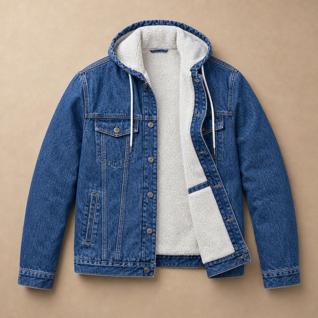 Romain | Jeansjacke mit Sherpa-Futter Blau – Flatlay-Produktfoto