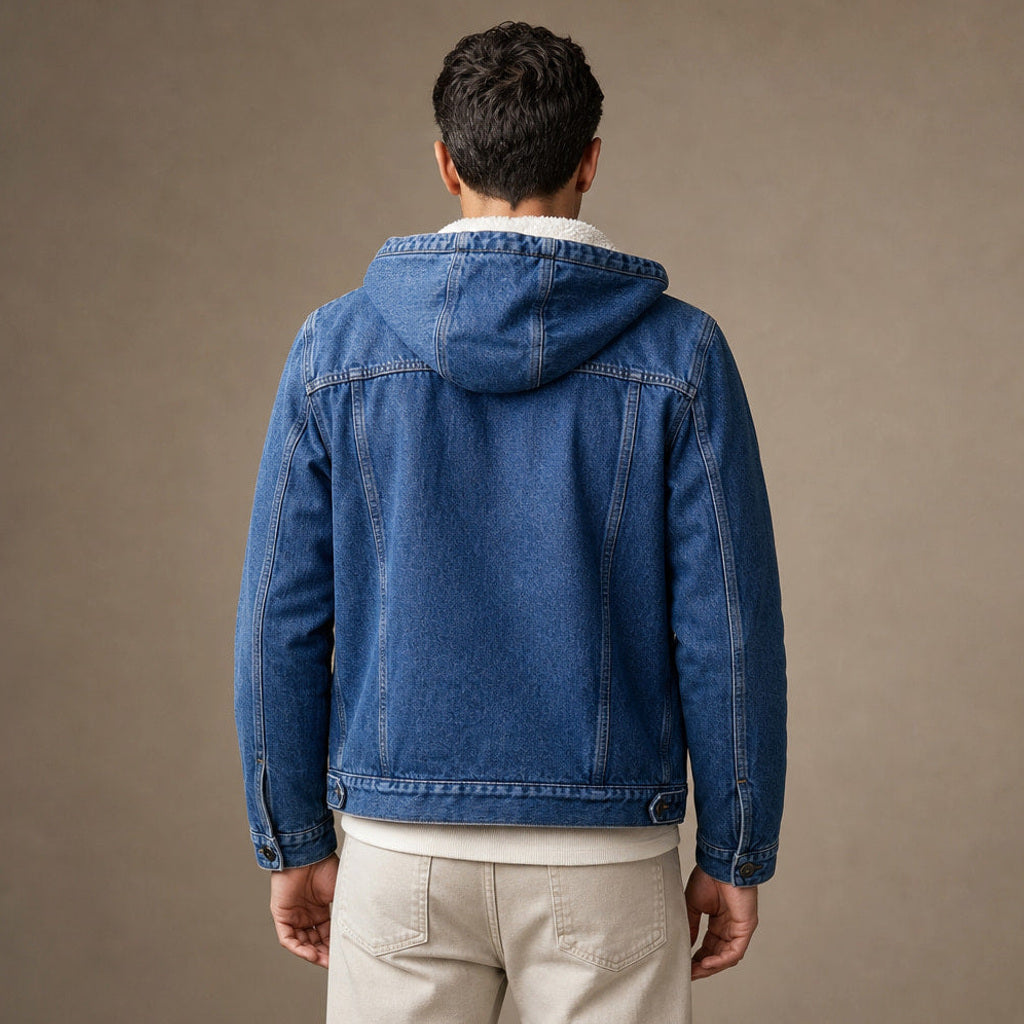 Romain | Jeansjacke mit Sherpa-Futter Blau – Gesamtlook