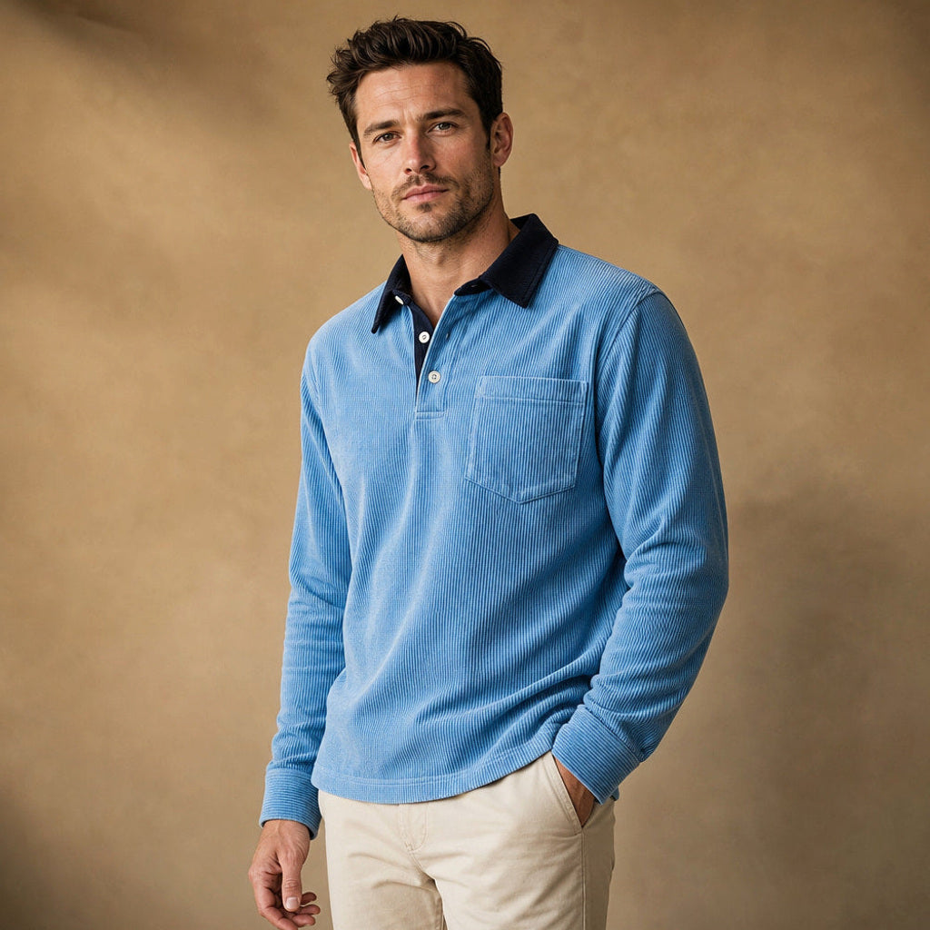 Carlon | Poloshirt Feincord Langarm Blau – Seitenansicht