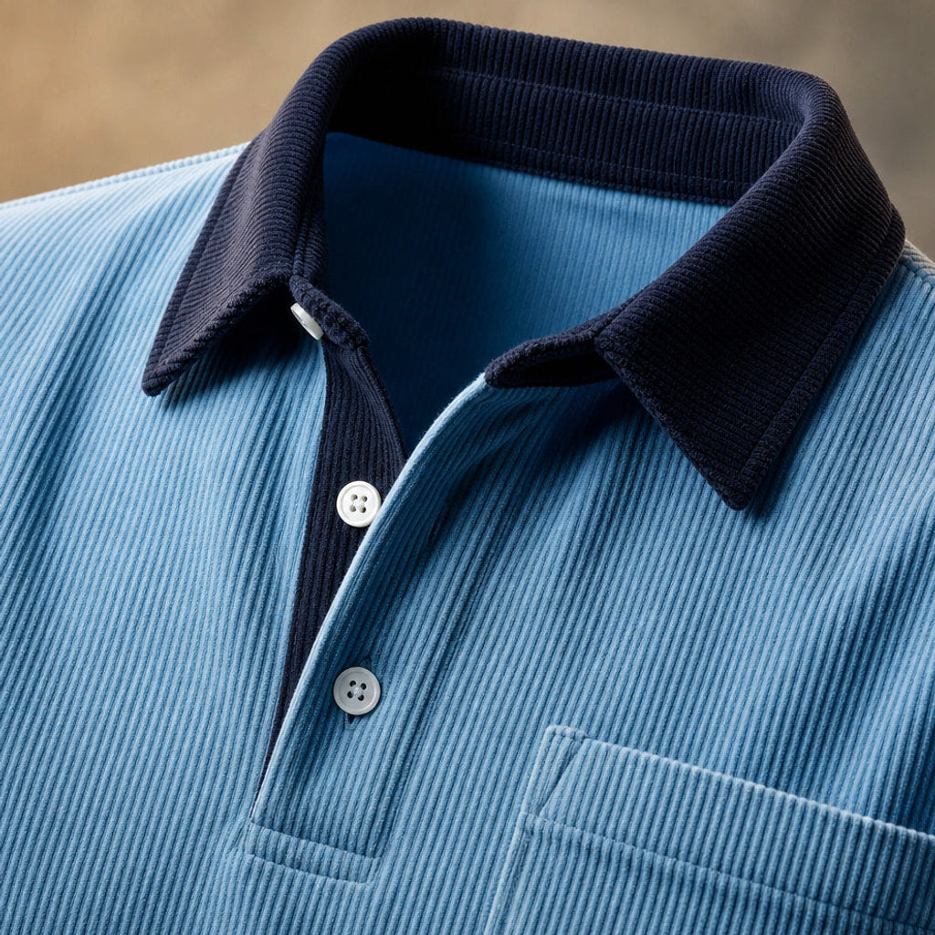 Carlon | Poloshirt Feincord Langarm Blau – Stoff- und Detailaufnahme