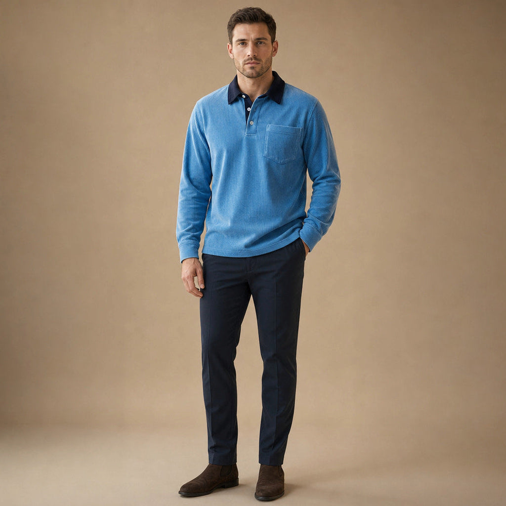Carlon | Poloshirt Feincord Langarm Blau – Gesamtlook
