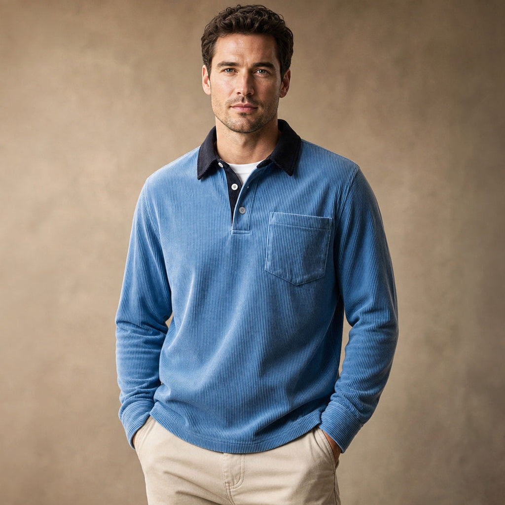 Carlon | Poloshirt Feincord Langarm Blau – Produktfoto