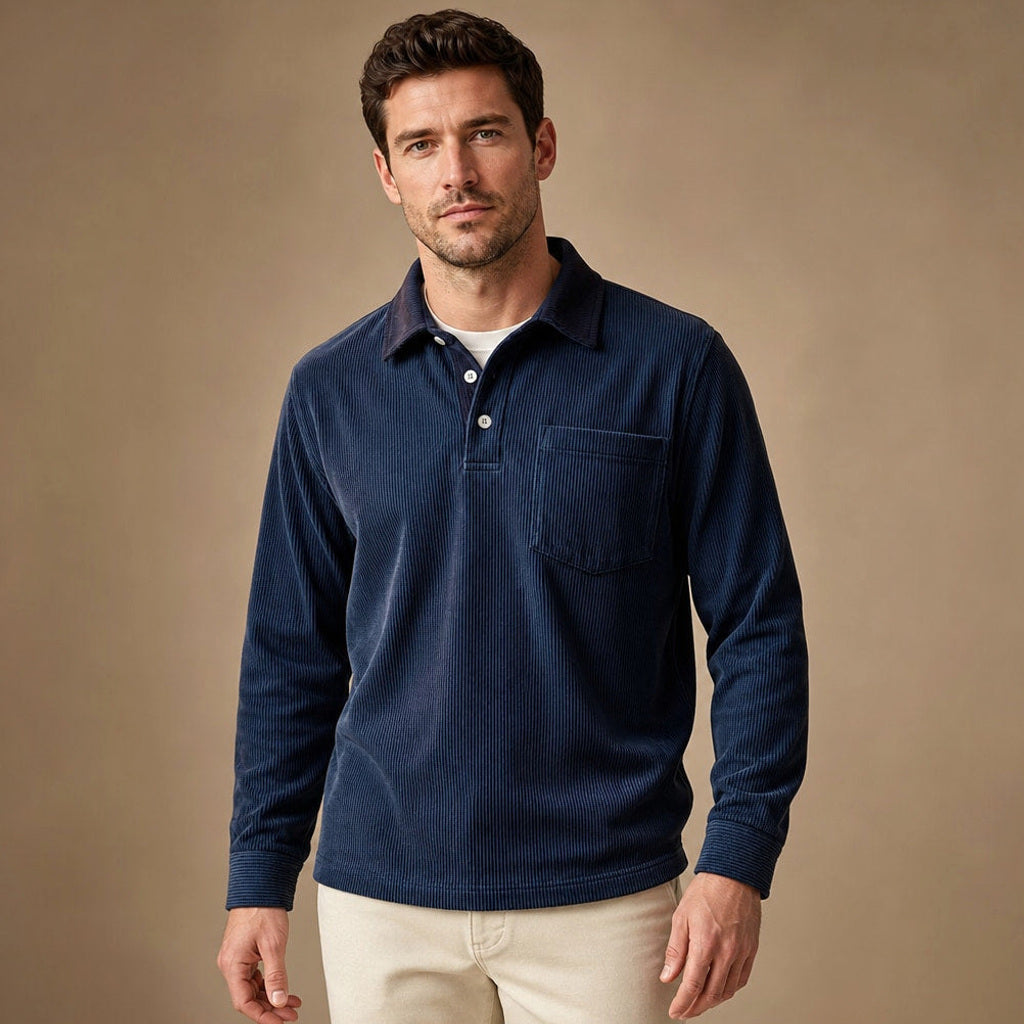 Carlon | Poloshirt Feincord Langarm in Blau – Premium Editorial