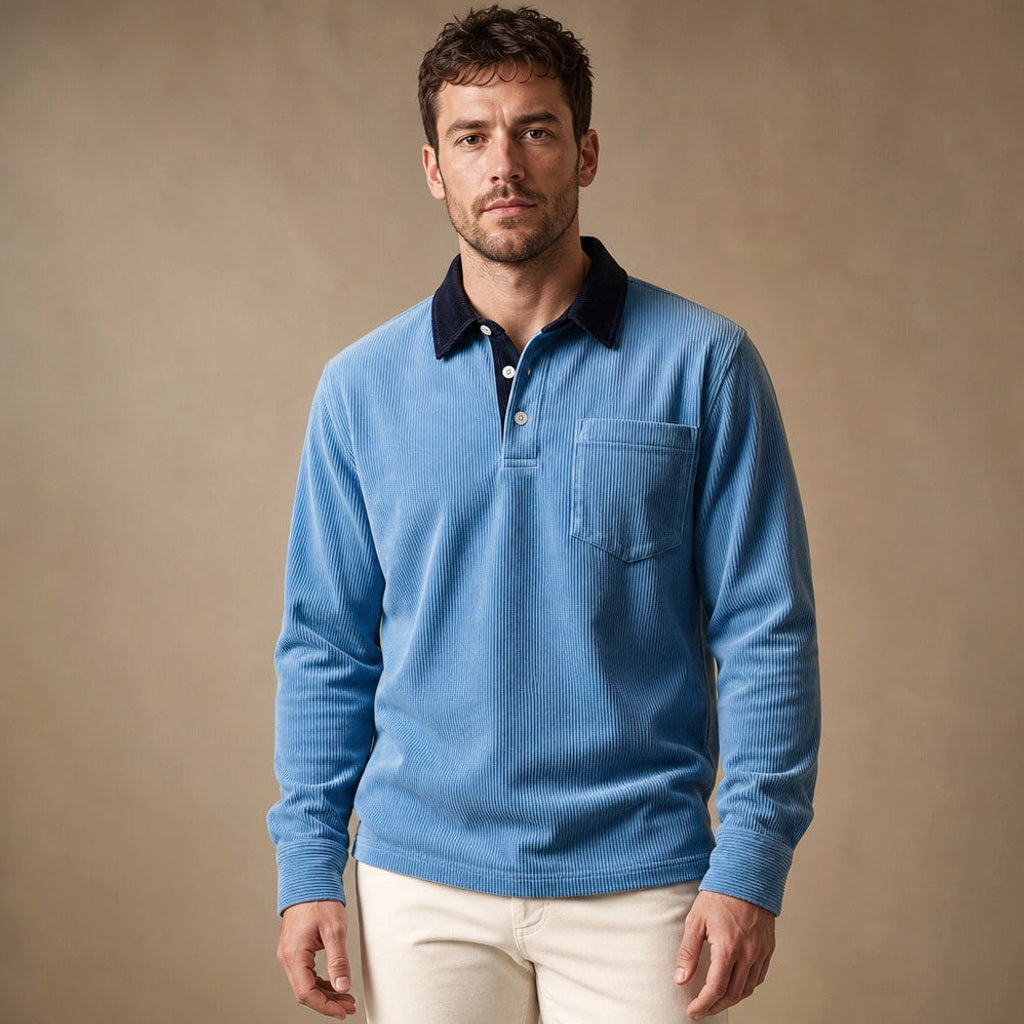 Carlon | Poloshirt Feincord Langarm in Blau – Premium Editorial