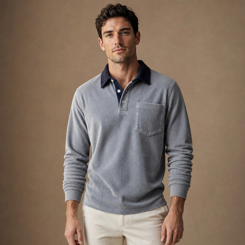 Carlon | Poloshirt Feincord Langarm in Grau – Premium Editorial