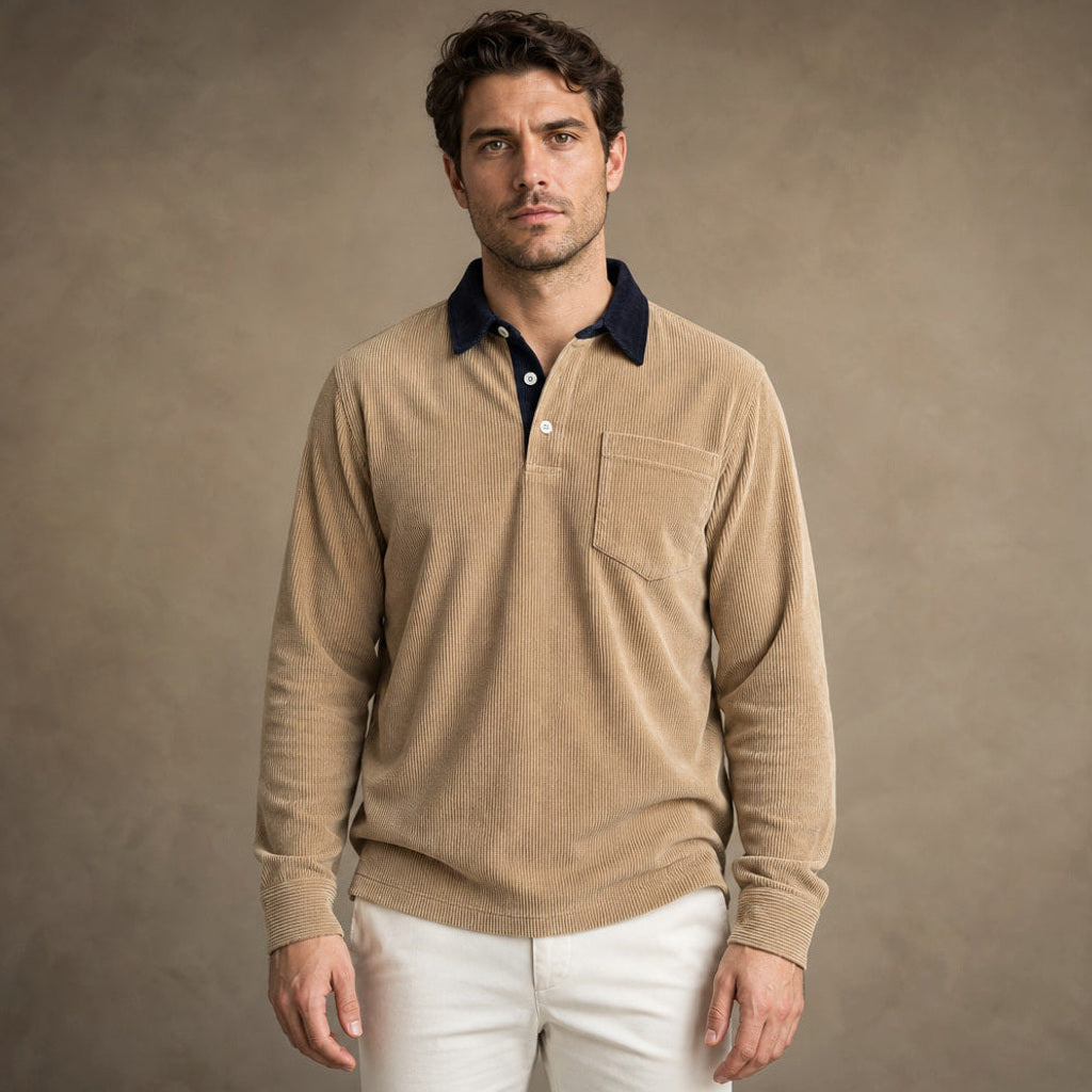 Carlon | Poloshirt Feincord Langarm in Khaki – Premium Editorial