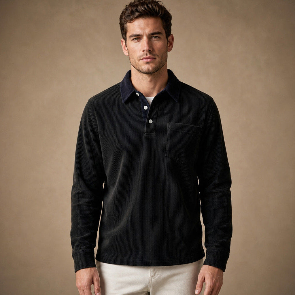 Carlon | Poloshirt Feincord Langarm in Schwarz – Premium Editorial