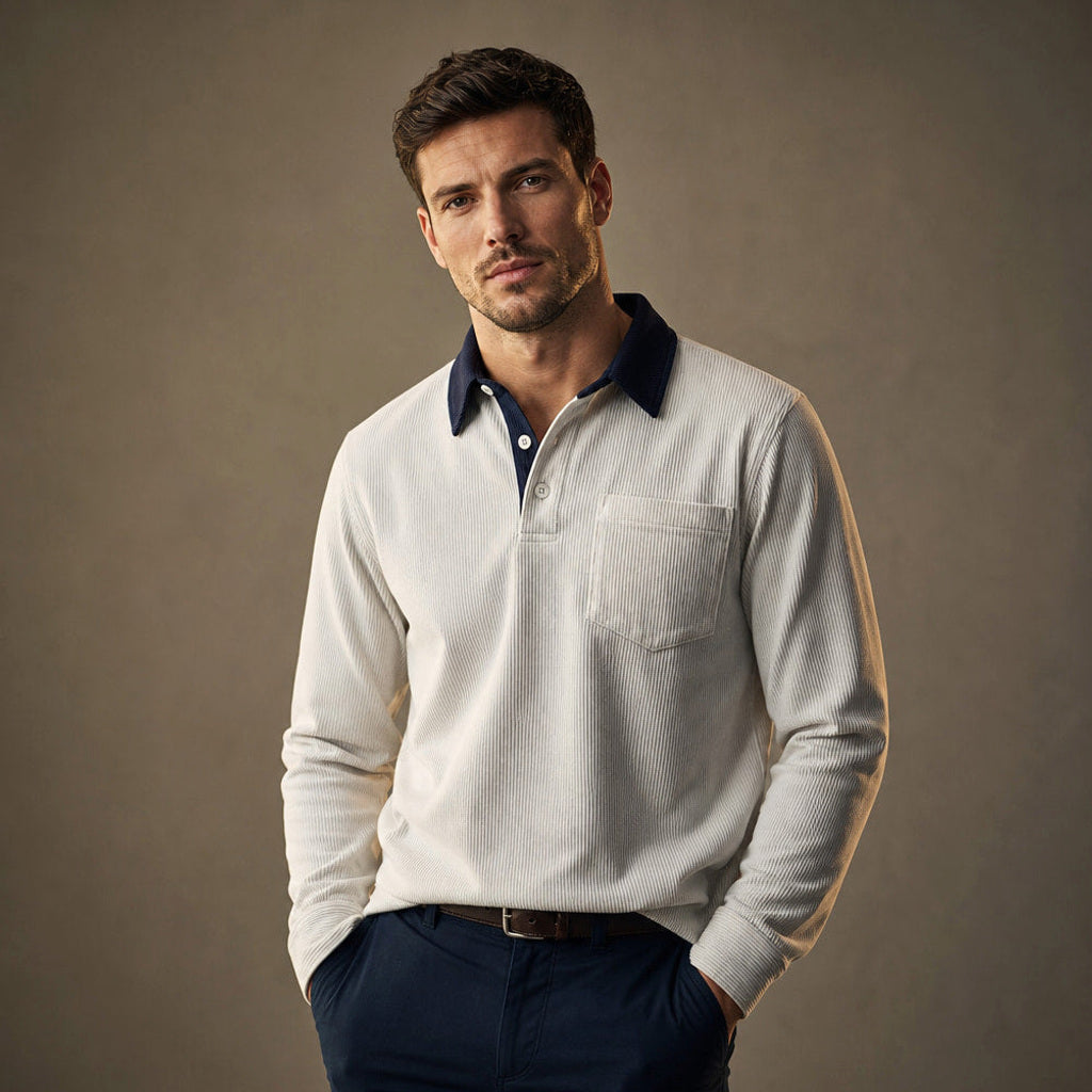Carlon | Poloshirt Feincord Langarm Weiß – Produktfoto