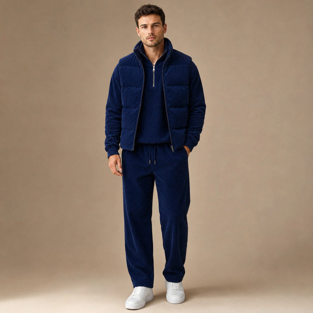 Carner | 3-teiliges Set Steppweste Cordoptik in Navy – Premium Editorial