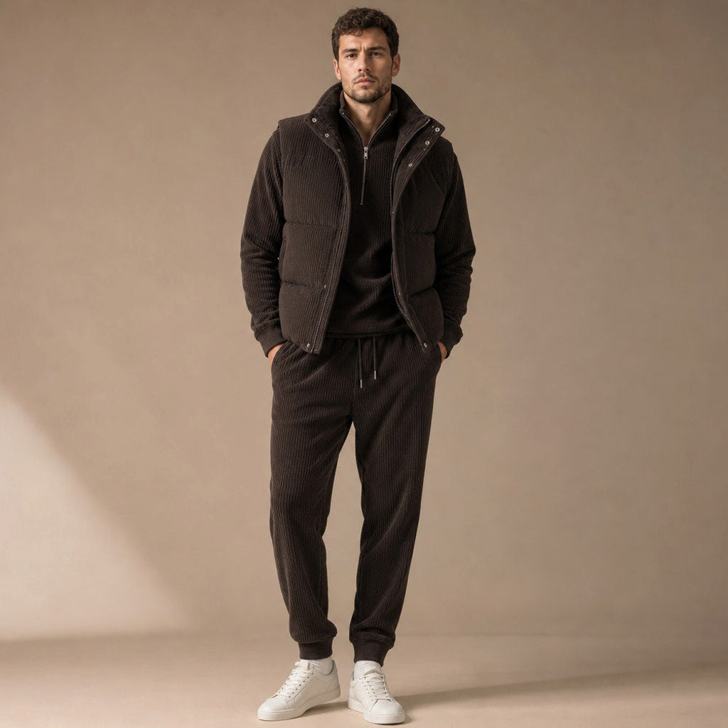 Carner | 3-teiliges Set Steppweste Cordoptik Schokoladenbraun – Produktfoto
