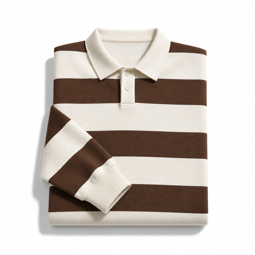 Rugby Shirt Striped Knit Button Placket Brown – Product Photo