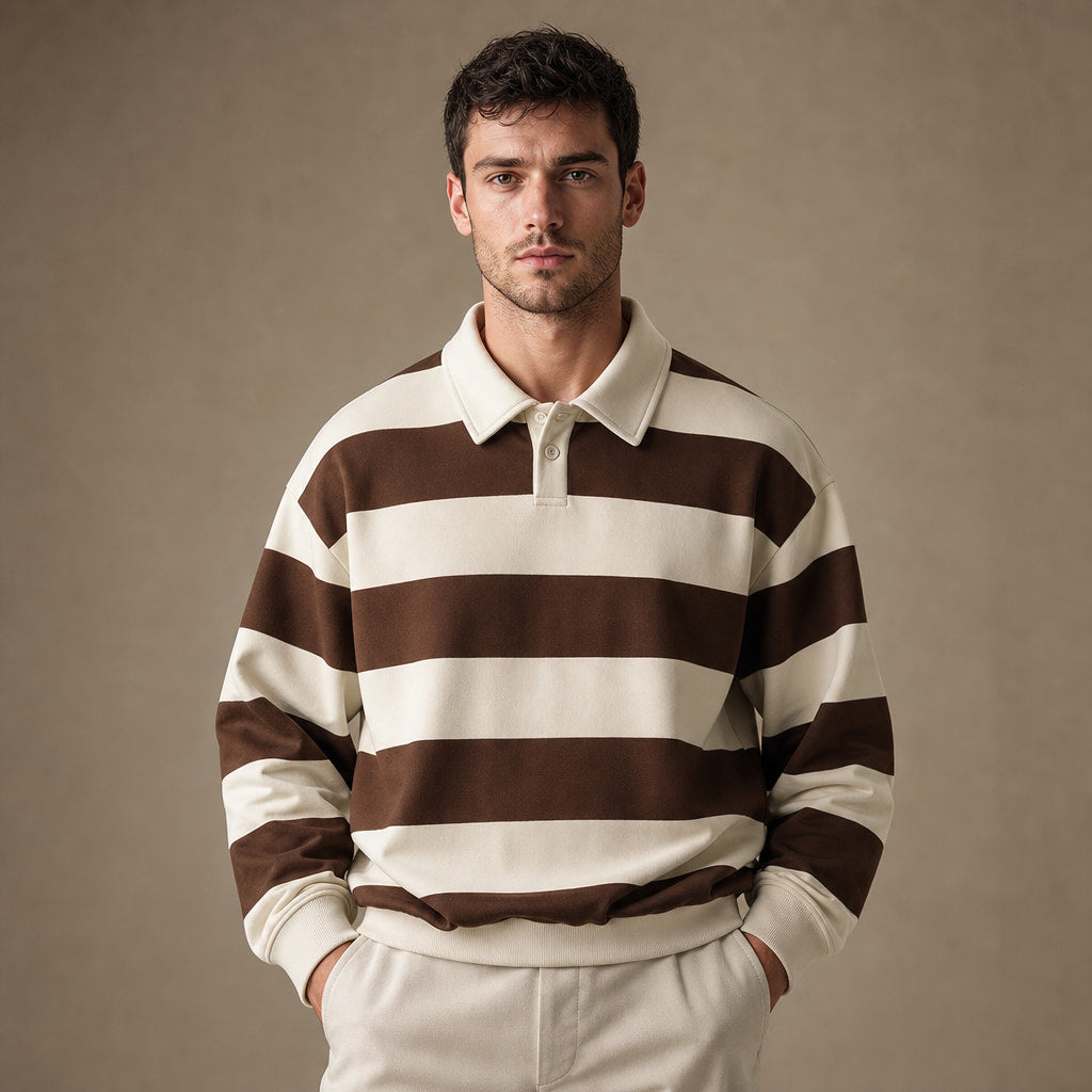 Rugby Shirt Striped Knit Button Placket in Brown – Enzaco Premium Menswear