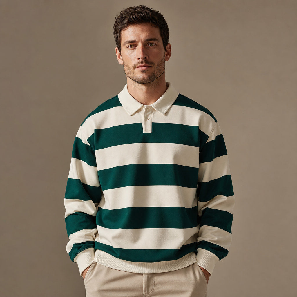 Rugby Shirt Striped Knit Button Placket in Forest Green – Enzaco Premium Menswear