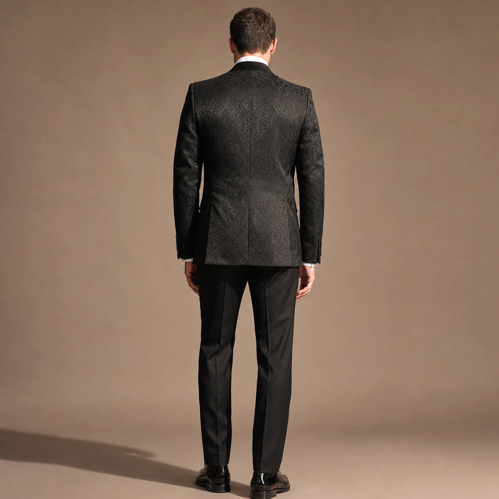 Cenkon | Smoking Dreiteiler Damast-Jacquard Schwarz – Seitenansicht