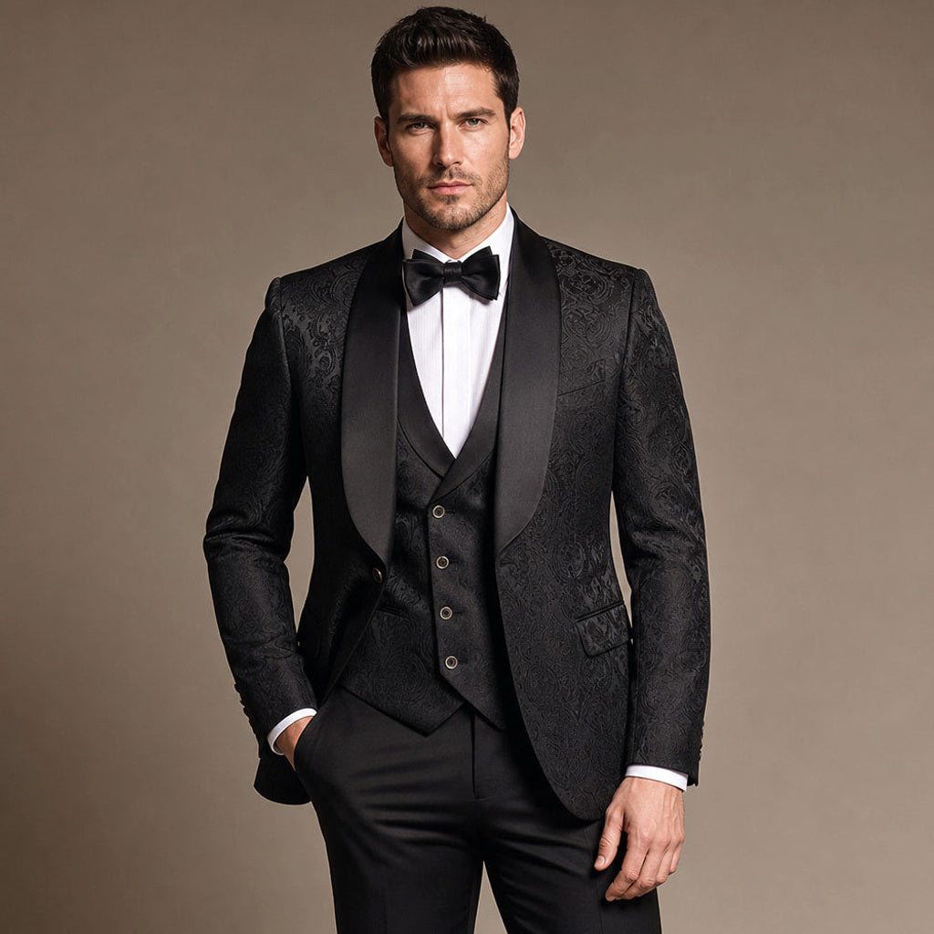 Cenkon | Smoking Dreiteiler Damast-Jacquard Schwarz – Gesamtlook