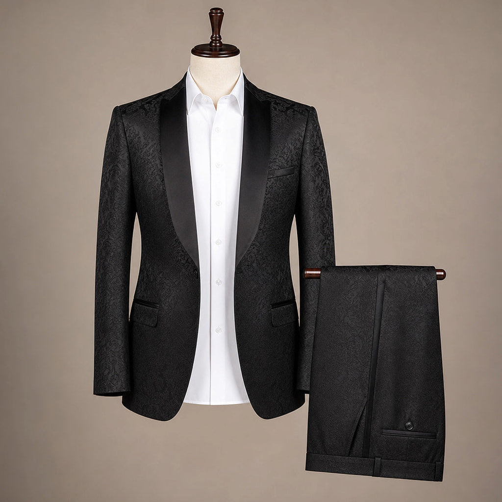 Cenkon | Smoking Dreiteiler Damast-Jacquard Schwarz – Produktfoto