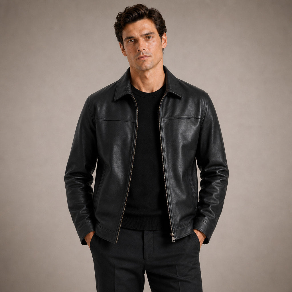 Flight Jacket Zip-Up Leather Loose Fit Black – Product Photo