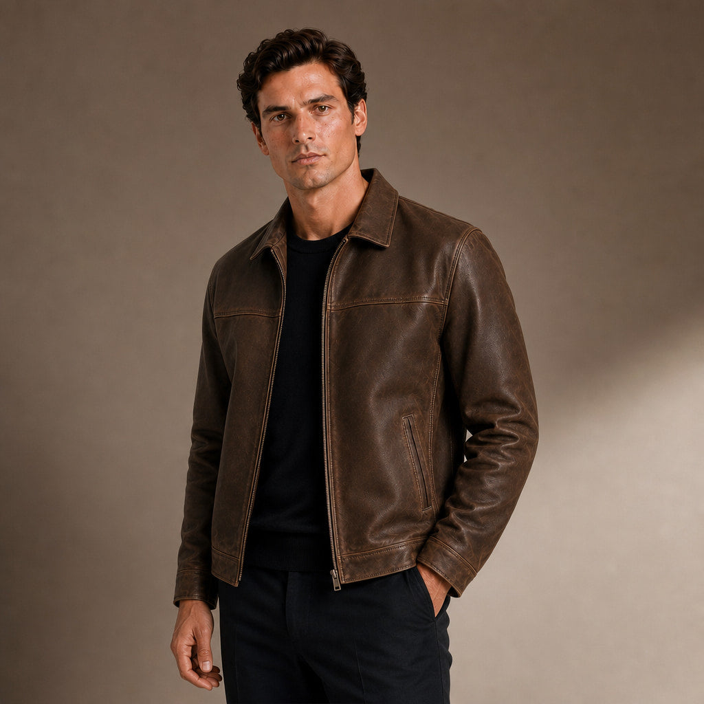 Flight Jacket Zip-Up Leather Loose Fit Brown – Side Angle View