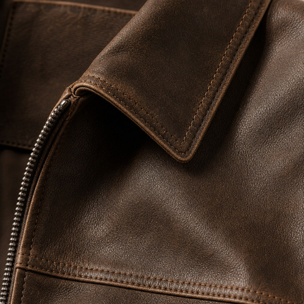 Flight Jacket Zip-Up Leather Loose Fit Brown – Fabric and Detail Close-Up