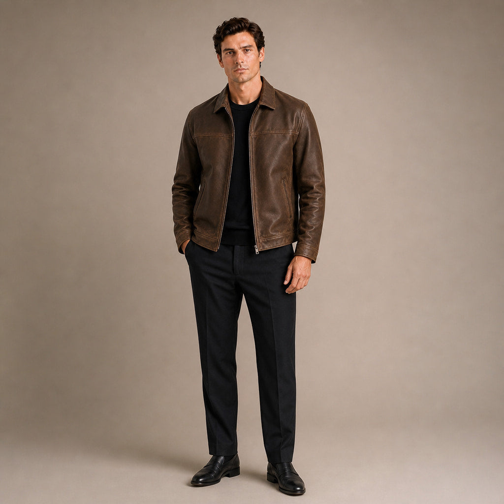 Flight Jacket Zip-Up Leather Loose Fit Brown – Full Look