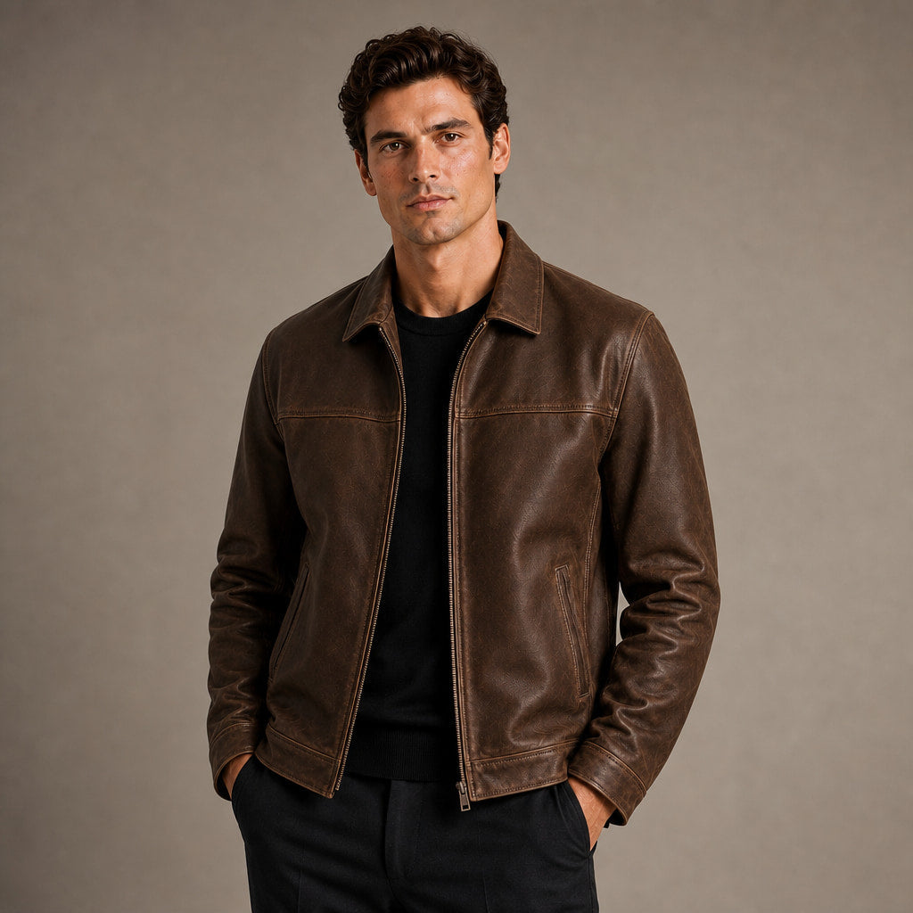 Flight Jacket Zip-Up Leather Loose Fit Brown – Product Photo