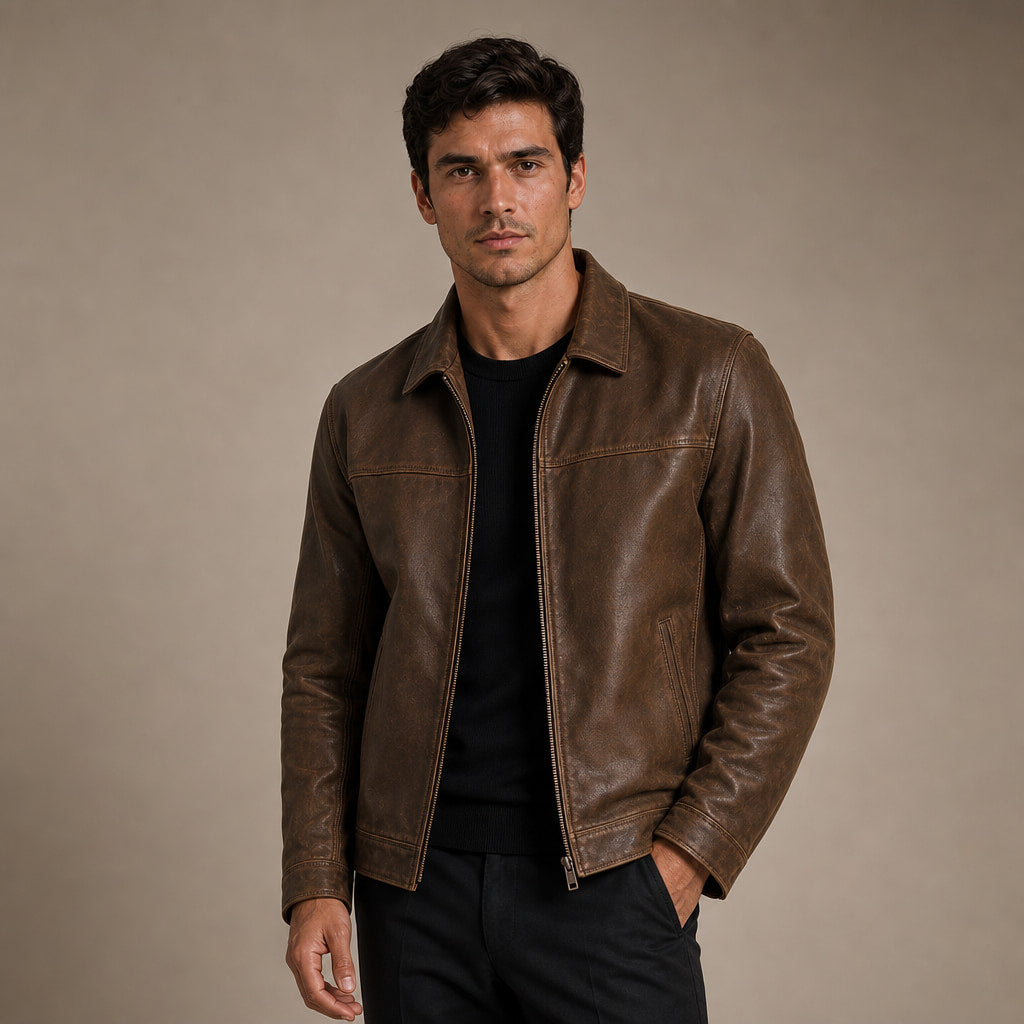 Flight Jacket Zip-Up Leather Loose Fit in Brown – Enzaco Premium Menswear
