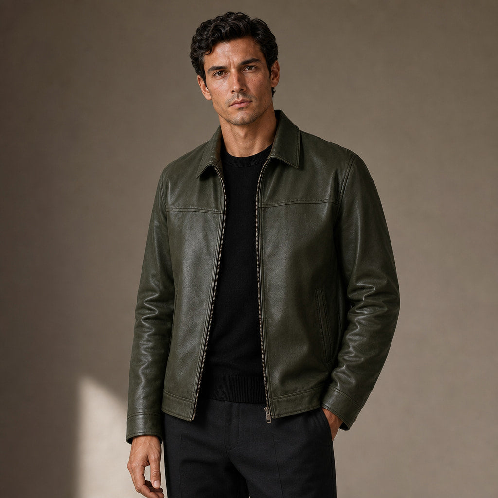 Flight Jacket Zip-Up Leather Loose Fit Green – Product Photo