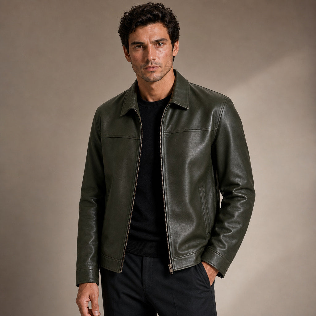 Flight Jacket Zip-Up Leather Loose Fit in Green – Enzaco Premium Menswear