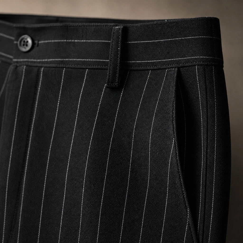 Cerkon | Anzughose Nadelstreifen Straight Fit Schwarz – Stoff- und Detailaufnahme