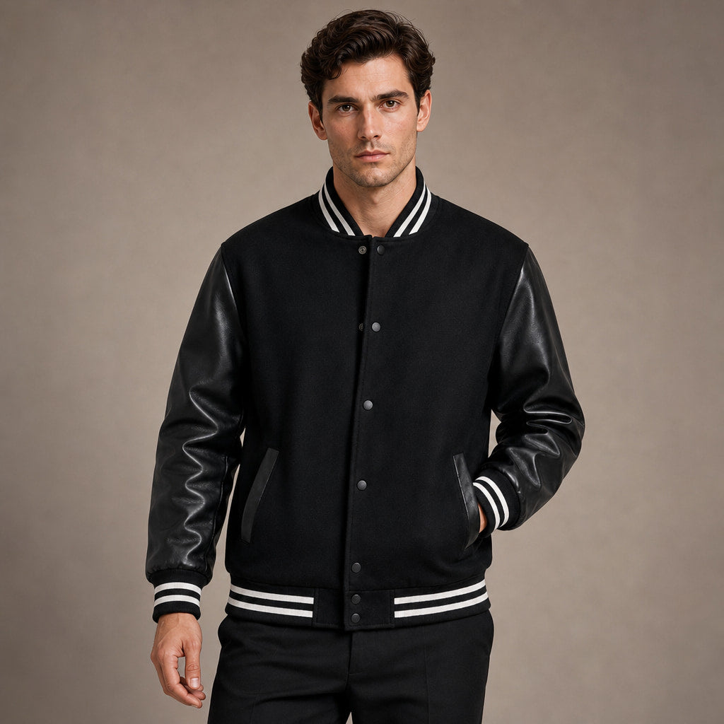 Bomber Jackets Varsity Wool Blend PU Leather Sleeves in Black – Enzaco Premium Menswear