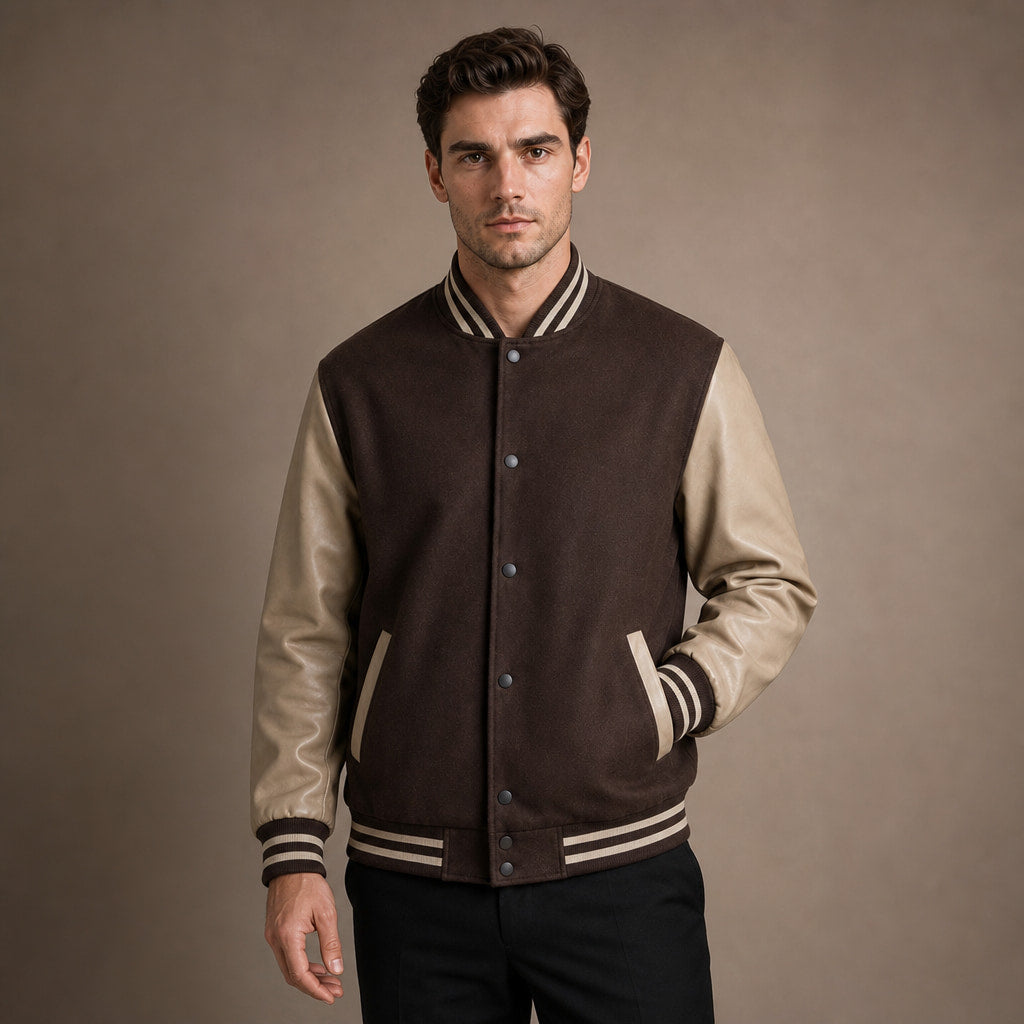Bomber Jackets Varsity Wool Blend PU Leather Sleeves in Brown – Enzaco Premium Menswear