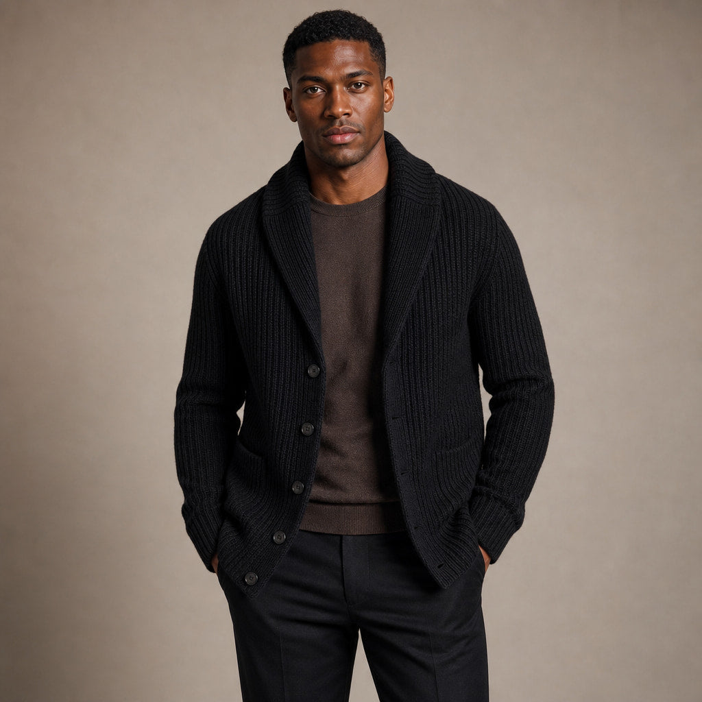 Cardigan Slim Fit Lapel Button-Up Knit in Black – Enzaco Premium Menswear