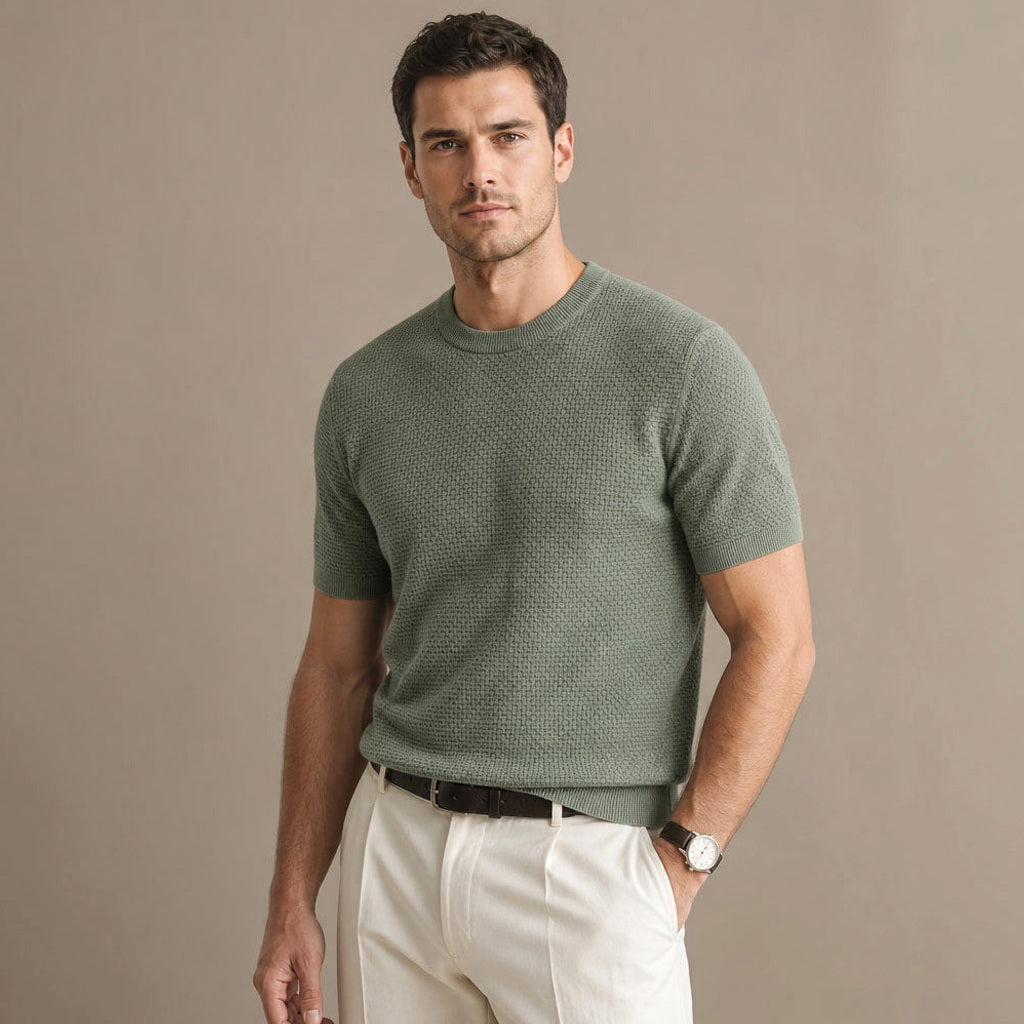Kieran | Strickshirt Rundhals Strukturgestrick Grün – Seitenansicht