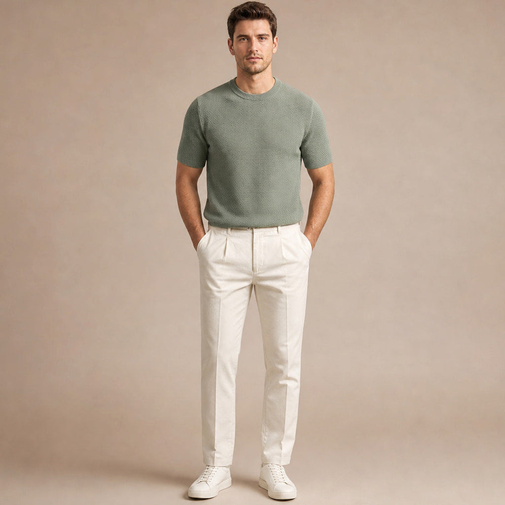 Kieran | Strickshirt Rundhals Strukturgestrick Grün – Gesamtlook
