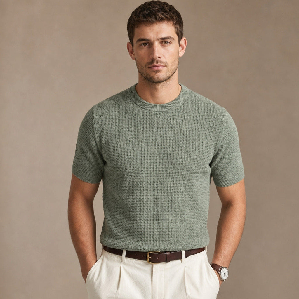 Kieran | Strickshirt Rundhals Strukturgestrick in Grün – Premium Editorial