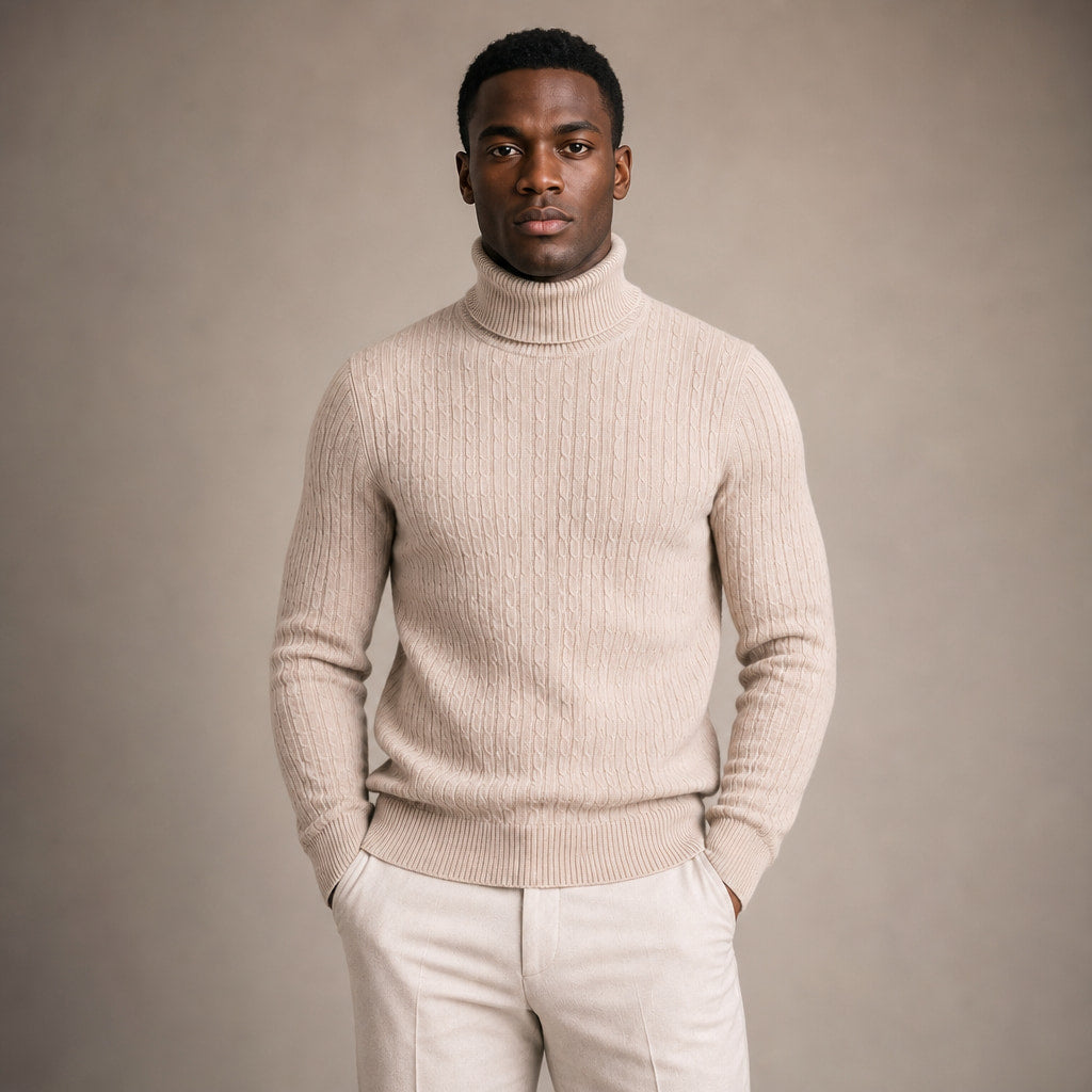 Turtleneck Sweater Cable Knit Slim Fit in Beige – Enzaco Premium Menswear