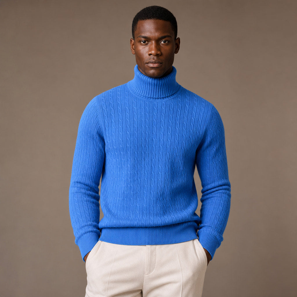 Turtleneck Sweater Cable Knit Slim Fit in Blue – Enzaco Premium Menswear
