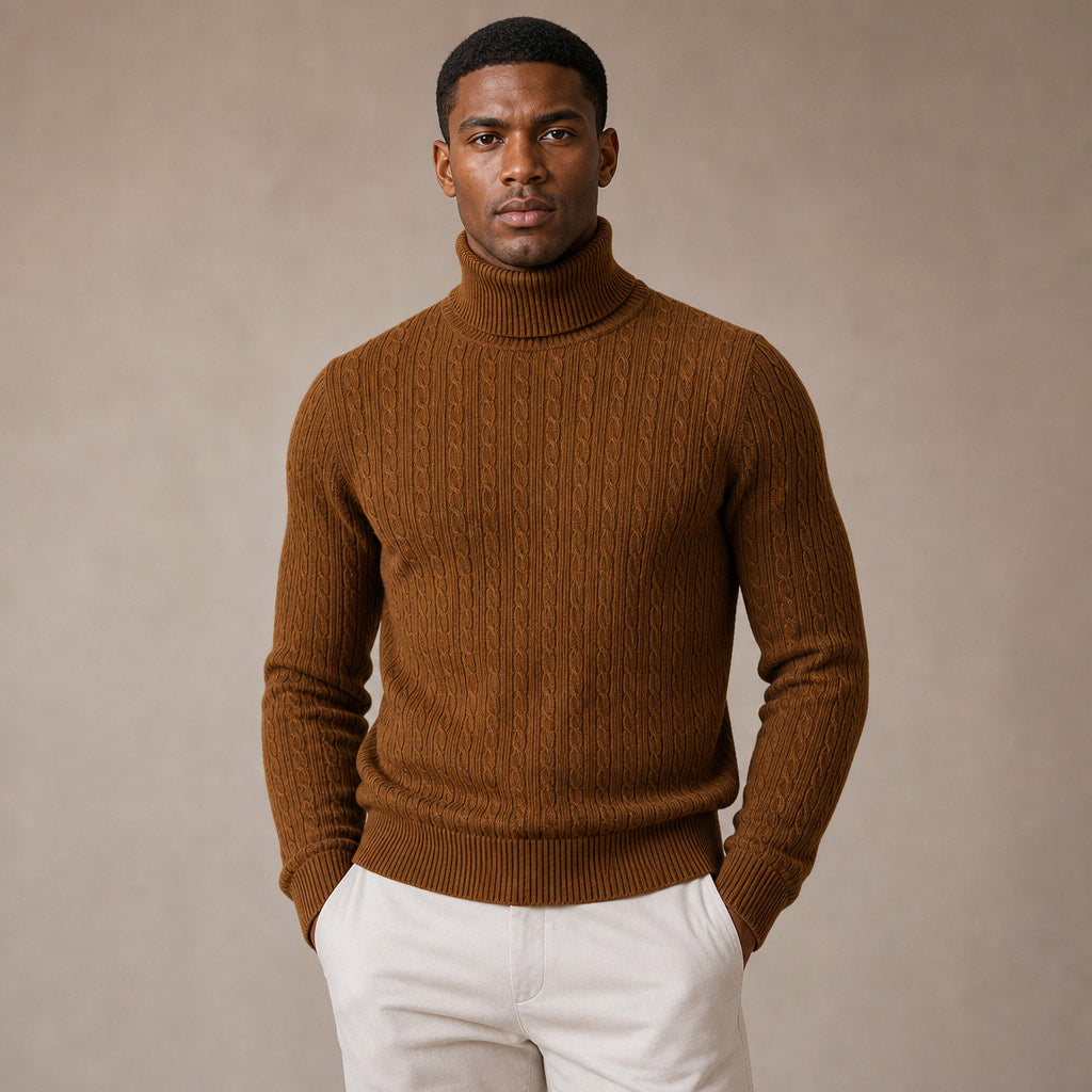 Turtleneck Sweater Cable Knit Slim Fit in Brown – Enzaco Premium Menswear