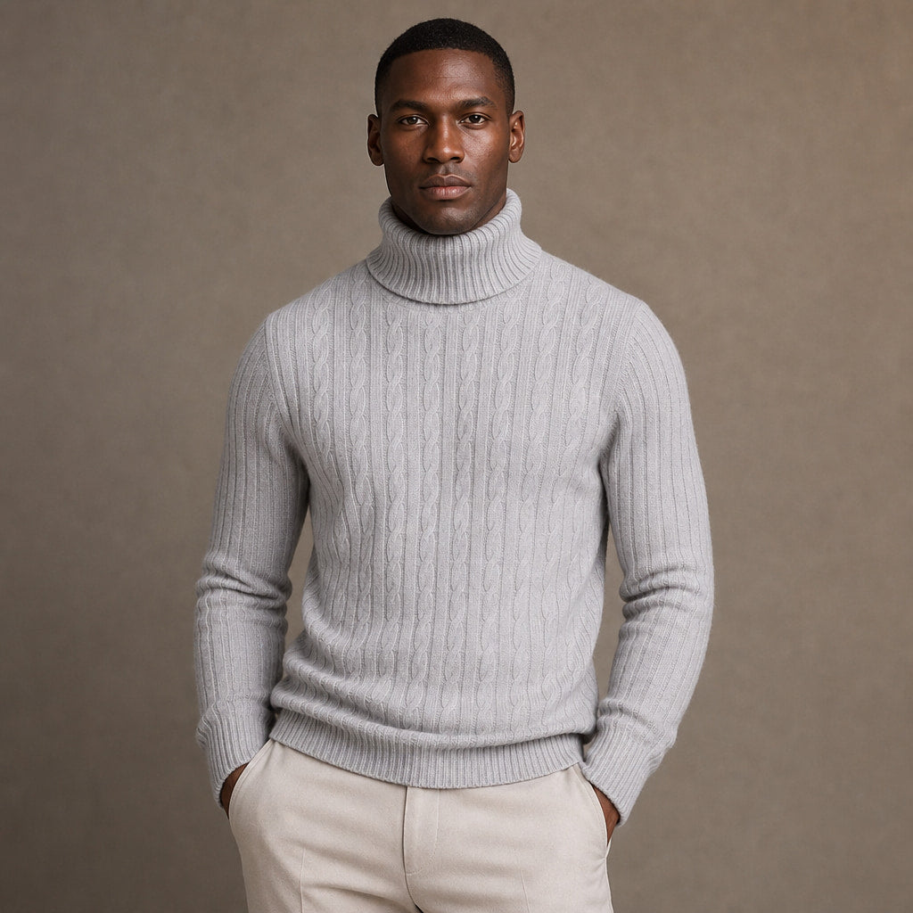 Turtleneck Sweater Cable Knit Slim Fit in Light Gray – Enzaco Premium Menswear