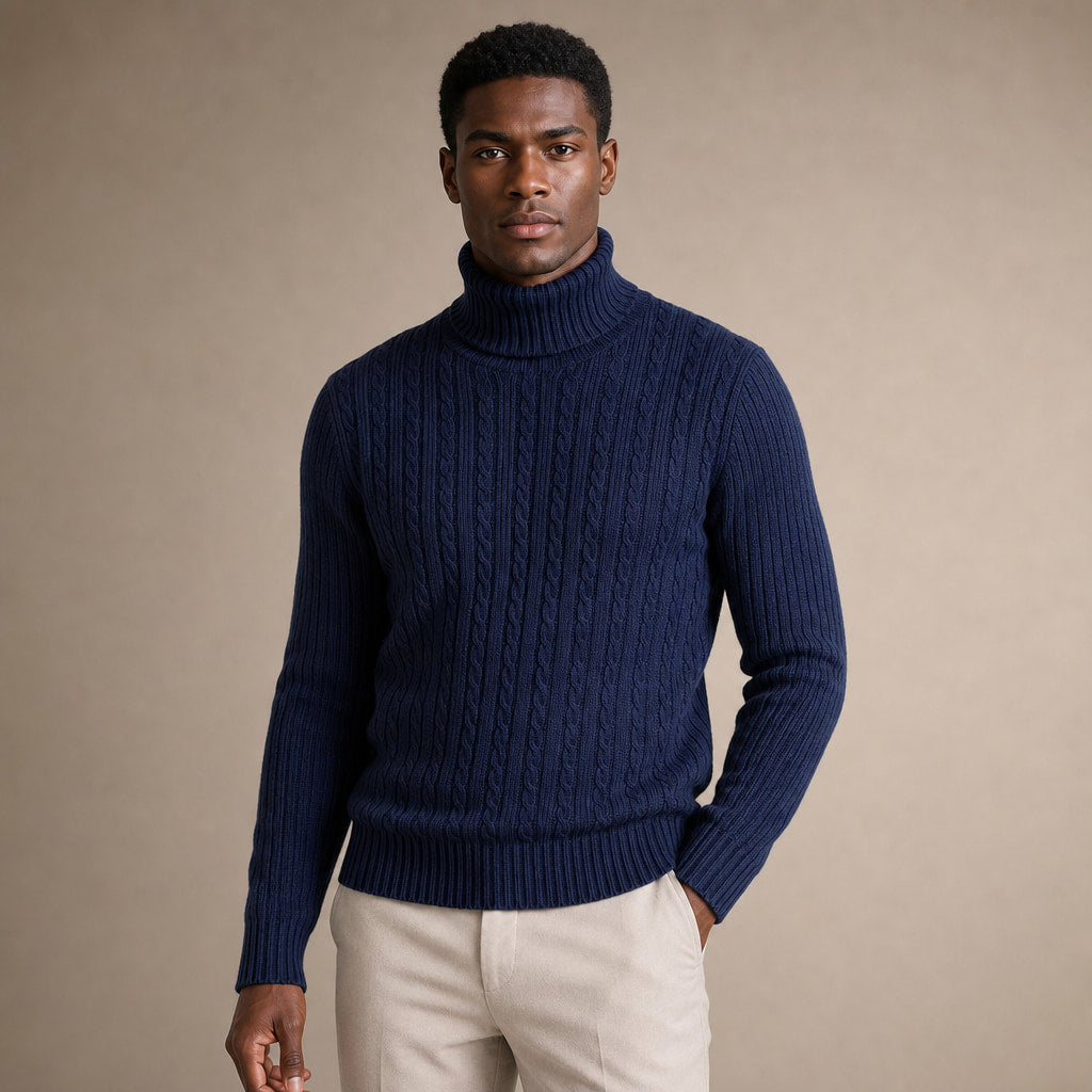 Turtleneck Sweater Cable Knit Slim Fit in Navy – Enzaco Premium Menswear