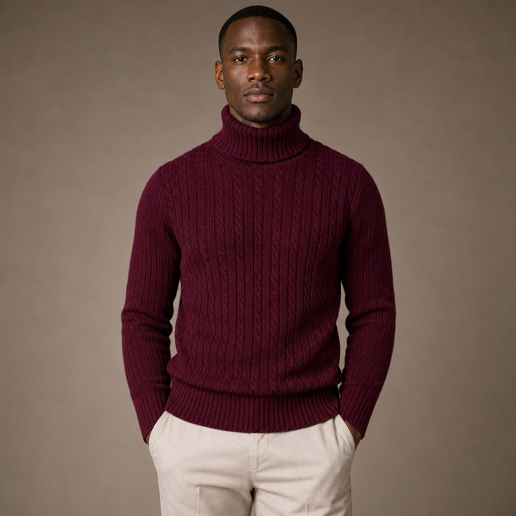 Turtleneck Sweater Cable Knit Slim Fit in Wine – Enzaco Premium Menswear