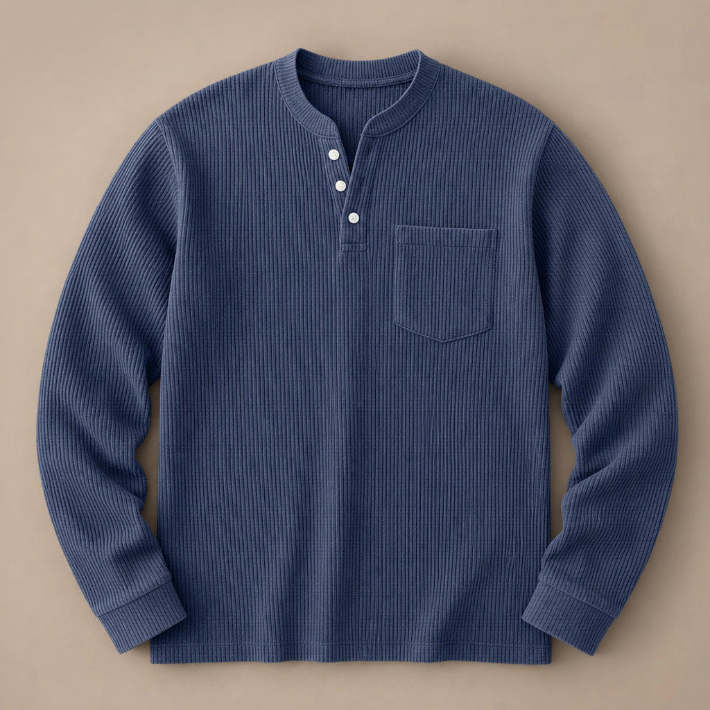 Evander | Henley Waffelstrick Langarm Dunkelblau – Produktfoto