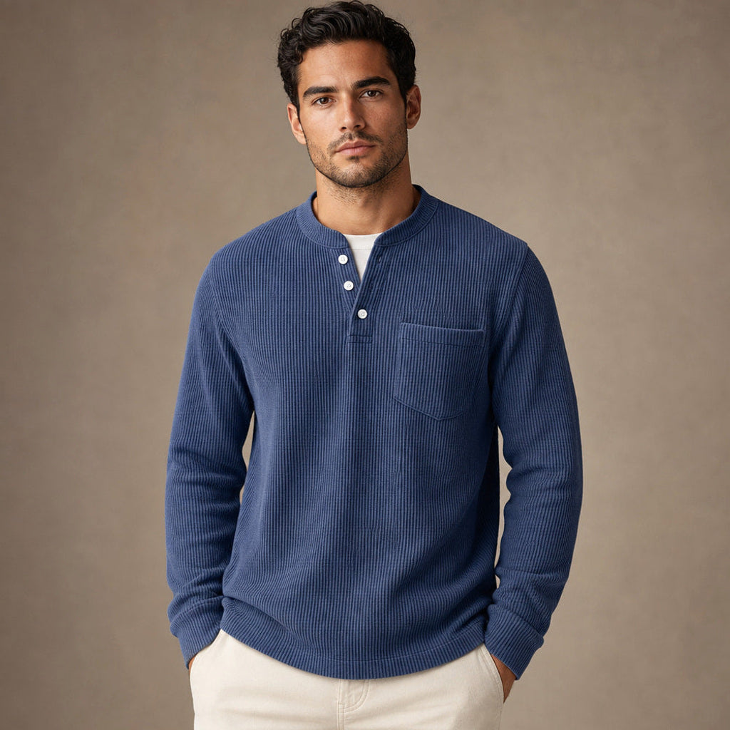 Evander | Henley Waffelstrick Langarm in Dunkelblau – Premium Editorial